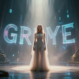 cinematic wide shot of Grimes as god in a large room with holographic letters and numbers and soft light rays, trending on artstationHD, 8K