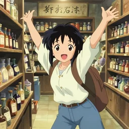 anime visual, portrait of a happy young female traveler shopping in a alchemist's potion shop interior, dramatic, cute face by ilya kuvshinov, yoh yoshinari, makoto shinkai, katsura masakazu, dynamic pose, dynamic perspective, cel shaded!!!, anime still frames, mucha, crisp smooth lines, rounded eyes