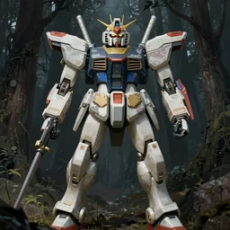 painted image of gundam giant robot, four arms, standing in the dark forest, upper body, fantasy intricate elegant extremely detailed digital painting trending artstation concept art sharp focus illustration art by gustave courbet greg rutkowski craig mullins