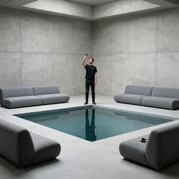 a man taking a selfie in a minimalistic concrete room, standing on the edge of a rectangular pond in the center of the room surrounded by upholstered sofas, a tilt shift photo by leandro erlich, featured on cg society, kitsch movement, hall of mirrors, high dynamic range, studio portrait