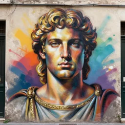 “Spray paint stencil portrait of a Greek God on the city wall, colorful, but very good looking”