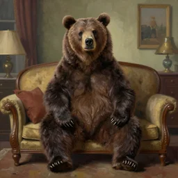 a grisly bear sitting upright on a couch in a 1 8 6 0 s style living room. featured on artstation. painting. beautiful use of colors