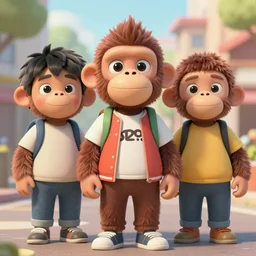 (illustration) of 3-d young hip ape kids wearing a street clothes, by (((Studio Ghibli))), 8k, soft lighting, cartoon look, face enhance, sharp focus, concept art, smooth