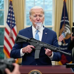 joe biden foaming at the mouth, in the oval office, when a 3 d printed ar - 1 5 is shown to him. 4 k, hd, photo taken by press cameras.