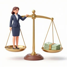 a weight with a businesswoman on the left plate and cash on the right plate. illutration by Lisa Frank, minimalist art