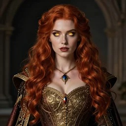 portrait, beautiful female sorceress, royalty, ornately dressed, dungeons and Dragons, red hair, glowing eyes, realistic