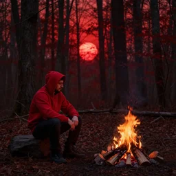a dark photo of a man in a red hoodie sitting next to a campfire in blood red forest, red sun in the background, low contrast, high resolution