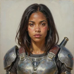 portrait of a very beautiful BIPOC woman with a scar through her cheek, wearing femshep mass effect armor, Alexandria's genesis, chin-length hair, bored, illustration, soft lighting, soft details, hyper realism, high detailed, painting oil on canvas by mark arian by artgerm, trending on artstation, 4k, 8k, HD