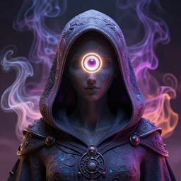a beautiful detailed 3 d matte of a hooded figure with a neon glowing third eye, by ellen jewett, by tomasz alen kopera, ominous, magical realism, texture, intricate, whirling smoke, radiant colors, fantasy, volumetric lighting, high details