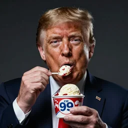 Donald Trump eating a 99 flake ice cream, realistic artstyle, wide shot, dramatic lighting, octane render, hyperrealistic, high quality, highly detailed, HD, beautiful, cinematic, 8k, unreal engine, facial accuracy, symmetrical