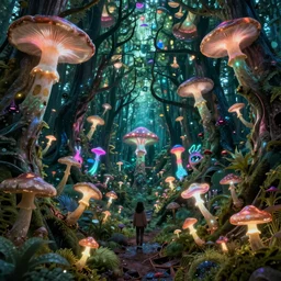 exploring a mushroom forest, acid trip, hall of mirrors, ultra-detailed, a hyperrealistic image of a mycelium forest with neon glowing mushrooms, with magical creatures, by tian gan, trending on patreon, artstation, deviantart. Unreal engine