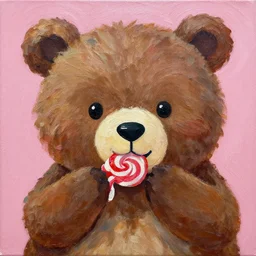 a jeremiah ketner and lisa frank acrylic impasto!! painting of an adorable and cute bear eating candy