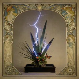 an ikebana arrangement with lightning bugs and butterflies, symmetric, highly detailed, elegant, concept art, dramatic lighting, illustration, rutkowski, an art deco boarder by tamara de lepika and alphonse mucha