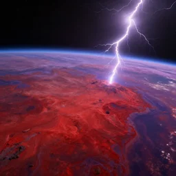 a hospitable alien planet with red land and purple water viewed from space, 8 k, bright ambient lightning
