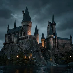 hogwarts school depicted as a dark castle, eerie vibes, digital art