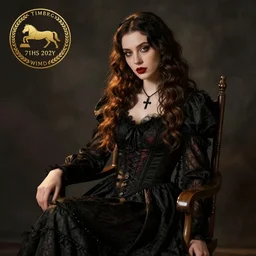 photo, young woman, sitting on chair, gothic clothes