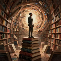 young urban black man standing on a stack of giant books, swirling infinite libray, beautiful digital painting, concept art, mysterious and magical, highly detailed, octane render, 8 k, unreal engine. art by artgerm greg rutkowski charlie bowater magali villeneuve alphonse mucha