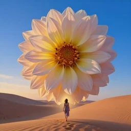 closeup, giant dahlia flower as a head, a girl walking between dunes, surreal photography, sunrise, blue sky, dramatic light, impressionist painting, digital painting, artstation, simon stalenhag