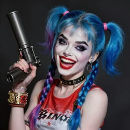 evil audrey hepburn as harley quinn, insane crazy laugh, blue hairs, double long braids blue, no makeup, tane skin, arm with bazooka, portrait shinkai makoto artgerm rossdraws james jean marc simonetti highly detailed intricate matte sharp focus digital painting artstation pixiv