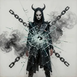 unholy servant, digital collage, assemblage, photomontage, minimalist, contemporary art, punk art, photorealistic, portrait, expressionism, masterpiece, dynamic composition, spectacular quality, intricate oil details, shattered glass texture, neon, chains, smoke