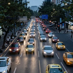heavy traffic in a busy metropolitan street, evening, long exposure