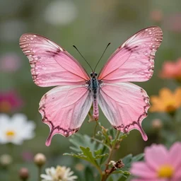 a pink fairy with large butterfly wings standing in a colorful garden, 8 k, luxury, epic scene, highly detailed