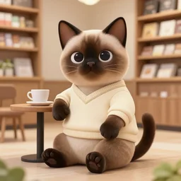 full body portrait of a male anthropomorphic siamese cat fursona wearing a sweatervest sitting in a bookstore coffee shop. detailed character design by disney, charlie bowater, ross tran, artgerm, and makoto shinkai, detailed, soft lighting, rendered in octane