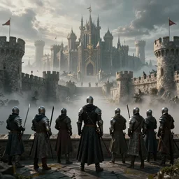 ten medieval soldiers atop a castle wall looking over a vast medieval kingdom rule by an evil king. the soldier is ready for battle. it is a somber morning. death is close. prepare for battle. mist, epic, cinematic, volumetric lighting, symmetry, fantasy style, highly - detailed, unreal 5, realism
