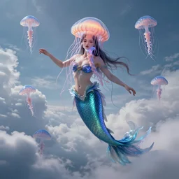 Full body photo of the most beautiful goddess, she has a jellyfish head and a siren body, some tentacles are touching her, she flying to heaven through the cumulus clouds, she is swimming with some chrysaora hysoscella, by Tooth Wu, trending on Artstation, digital art, symmetrical artwork, cinematic, hyper realism, high detail, octane render, 4k, 8k