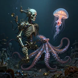 underwater photography of a steampunk human skeleton in symbiosis with an octopus and a jellyfish, intricate and ornate alien technology, bioluminescence, bloom, dim rim lighting, by victor grasso and scott musgrove, anton semenov and tooth wu, digital illustration, concept art, cg society