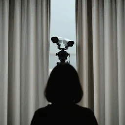 A surveillance camera behind a pair of translucent curtains, with a two-headed female silhouette in the foreground, cinematic lighting, detailed, Fujifilm, dramatic