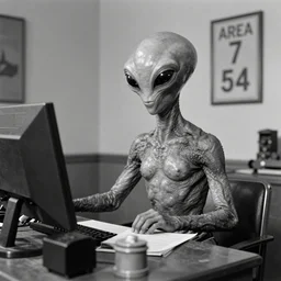 a gray alien having a day job at the office of area 54, 1945, old archive photo