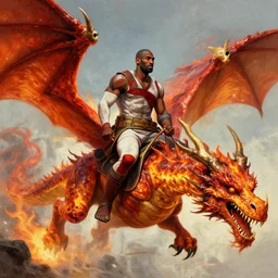 a detailed digital painting rendition of kratos as lebron james riding a gigantic fire breathing dragon, art by norman rockwell