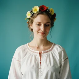 a photograph of beautiful nordic woman, wistful smile, wearing a white folkdrakt dress, she has a summer flower headband. against a teal studio backdrop. strong kodak portra 4 0 0 film look. film grain. cinematic. in - focus