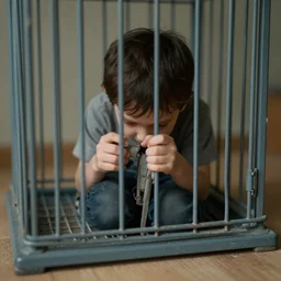 a tiny man trapped in a cage in need of help