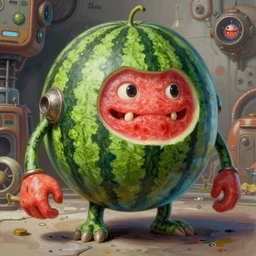 semi reallistic gouache gesture painting, by yoshitaka amano, by ruan jia, by Conrad roset, by dofus online artists, detailed anime 3d render watermelon monster, watermelon terrible monster, antrophomorfic watermelon,  portrait, cgsociety, artstation, rococo mechanical, Digital reality, sf5 ink style, dieselpunk atmosphere, gesture  drawn