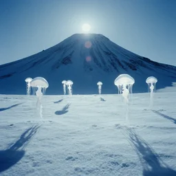 the first snow on a young earth, majestic landscape, long shadows, glowing white jellyfish, still frame from the voyage of time movie by terrence malick with cinematogrophy of emmanuel lubezki with art direction of giger, arri alexa, ultra wide anamorphic lens, optical flares, 8 k