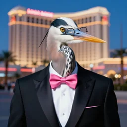 a beautiful portrait of a blue heron in a tuxedo, spectacles, pink bowtie, background las vegas strip, hyper realistic, digital art, 4 k, detailed