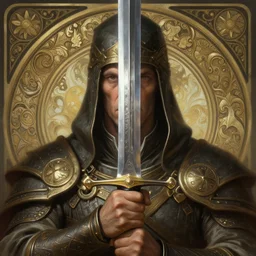 old warrior holding his sword in front of his face, deep focus, d & d, fantasy, intricate, elegant, highly detailed, digital painting, artstation, concept art, matte, sharp focus, illustration, hearthstone, art by artgerm and greg rutkowski and alphonse mucha