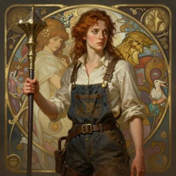 “a firblog wearing overalls and holding a quarterstaff, D&D, fantasy, intricate, cinematic lighting, highly detailed, digital painting, artstation, concept art, smooth, sharp focus, illustration, art by Artgerm and Greg Rutkowski and Alphonse Mucha”