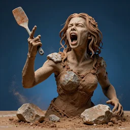 highly detailed photography of a screaming woman made of rust clay and stone, rocks, hand gesture, dust particles, dirt, dramatic scene, aesthetic dynamic lighting, masterpiece, by roberto ferri, blue background, high quality, spatula