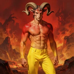 portrait of a beautiful young fit male demon with ram horns, goat head, fluent dress on legs, by greg rutkowski and alphonse mucha, d & d character, gradient red to yellow, in front of an hellish landscape background, highly detailed portrait, digital painting, artstation, concept art, smooth, sharp focus ilustration, artstation hq