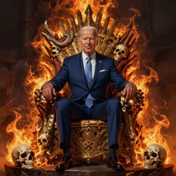 Joe Biden sitting on a throne of skulls surrounded by fire, digital painting, highly detailed, trending on Artstation
