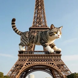 high-resolution photograph of a giant cat riding the eiffel tower