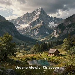 a beautiful fantasy landscape, mountain in background, little cottage, small pond, some trees in the corner. hyper realism, octane render