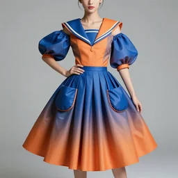 designer figure collection intiguing shaped collar, accordion sleeve haute couture, sailor uniform, midi skirt, coated pleats, synthetic curves striking pose, dynamic folds, cute huge pockets, volume flutter, youthful, modeled by modern designer bust, body fitted dart manipulation, award fashion, picton blue, orange gradient scheme, holographic tones, expert composition, professional retouch, editorial photography