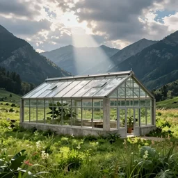 interior of a brutalist concrete greenhouse in a lush meadow, surrounded by mountains, godrays