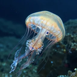 mutant jellyfish with 2 0 human eyes, shallow water, underwater photograph,