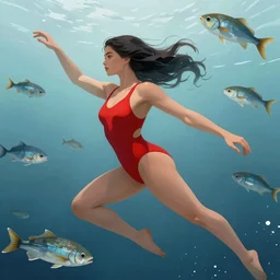 fishes swim around woman in red swimsuit, highly detailed, smooth, sharp focus, concept art, illustration, beautiful, geometric, trending on artstation, cinematic, behance featured, artwork by Bowater, Charlie