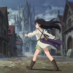anime frames, anime visual, full body portrait of a young woman in the medieval city square looking at the fantasy palace in the distance, cute face by ilya kuvshinov, masakazu katsura, dynamic pose, dynamic perspective, rounded eyes, moody, kyoani, yoh yoshinari